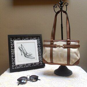 Vintage Etienne Aigner Mini Beige Fabric Faux Leather Trimmed Satchel